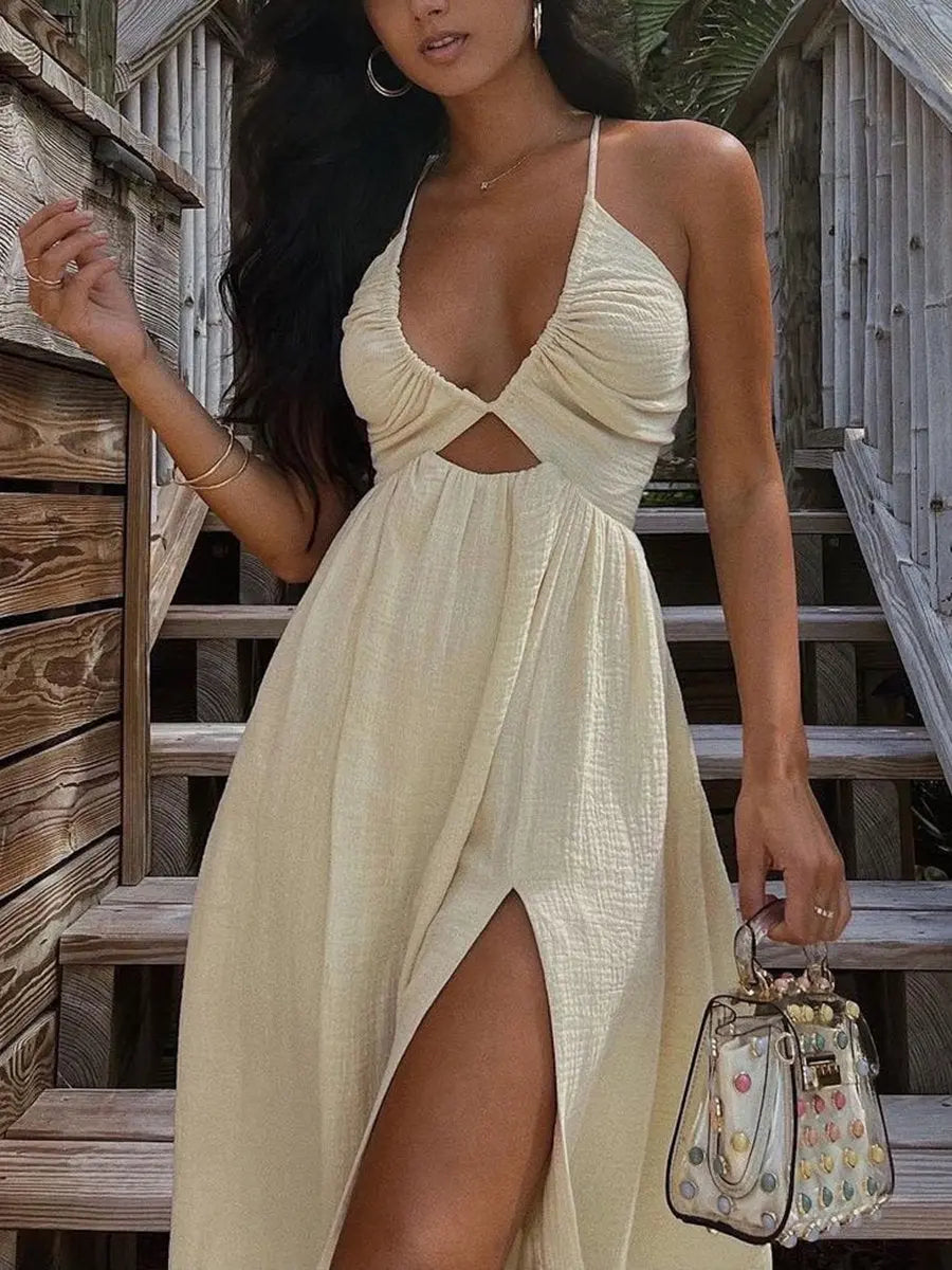 Hanging Neck V Neck Bare Back Midi Dress