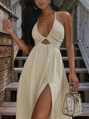 Hanging Neck V Neck Bare Back Midi Dress