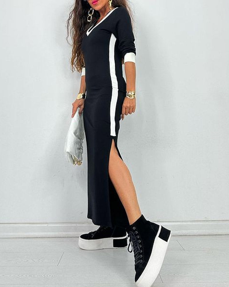 Colorblock Slit V-neck Casual Dress