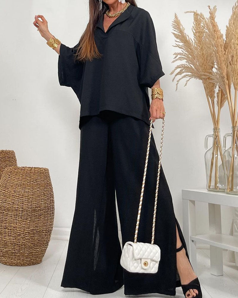 V-Neck Long Sleeve Top & Loose Pants Two-Piece Set