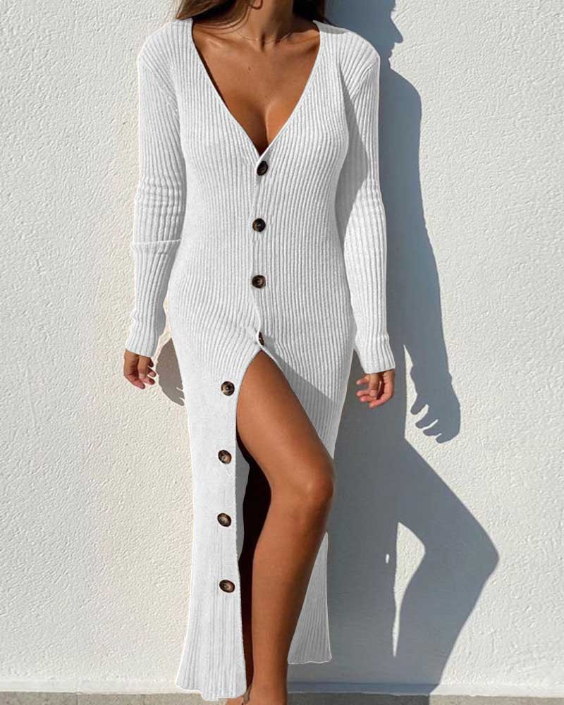 Knit Button Long Sleeve Cardigan Dress