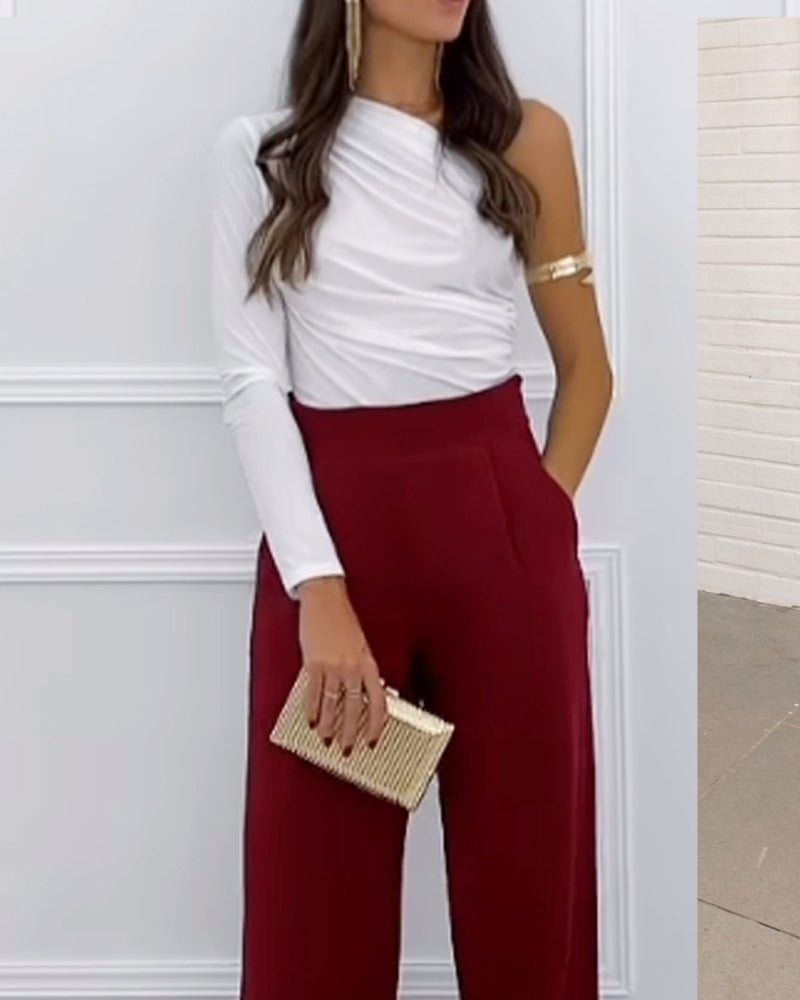 One-shoulder solid color two-piece set