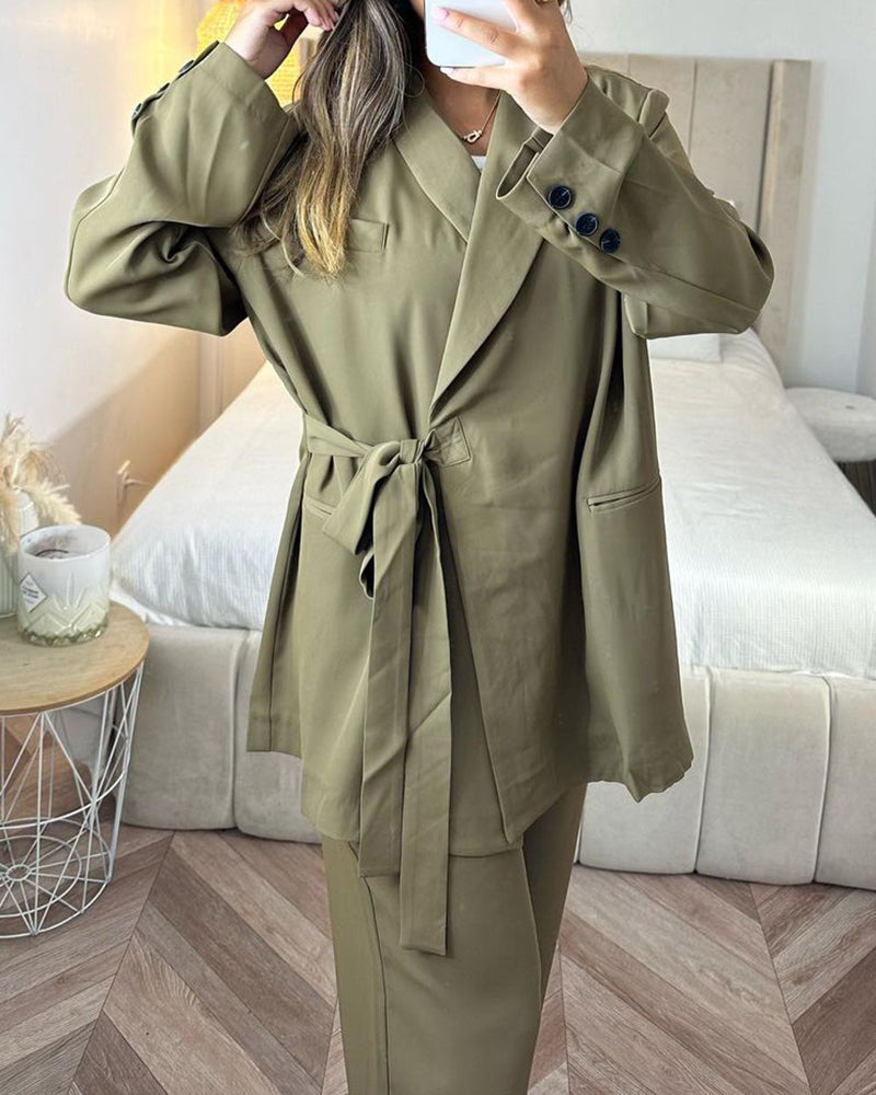 Lace-up Long-sleeved Blazer and Pants Two-piece Suit