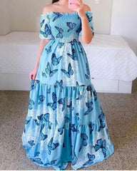 One-shoulder Floral Print Off-the-shoulder Dress