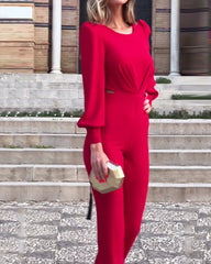 Round Neck Long Sleeve Solid Color Jumpsuit