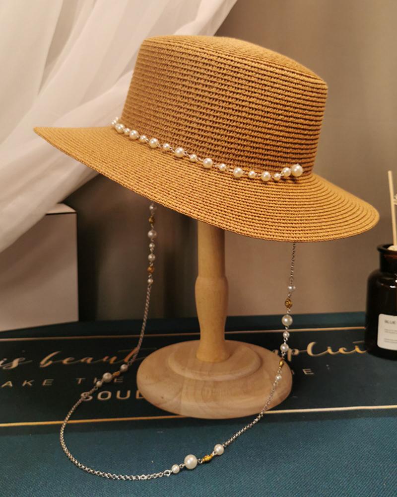 Elegant Straw Hat with Vintage Pearl Chain