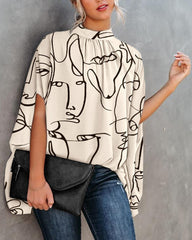 Fashion Round Neck Loose Doll Sleeve Print Shirt Top