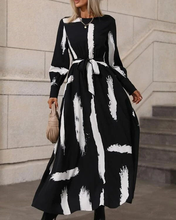 Printed Belt Long Sleeve Long Dress