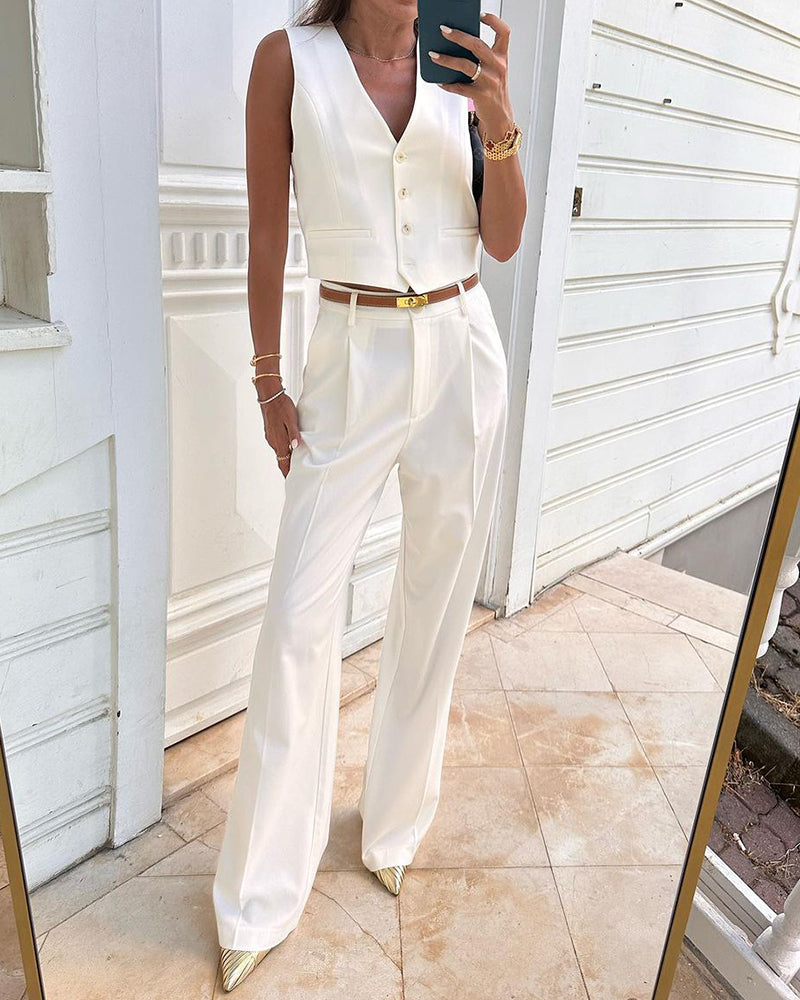 Buttoned Vest and Trousers Two-piece Set Without Belt