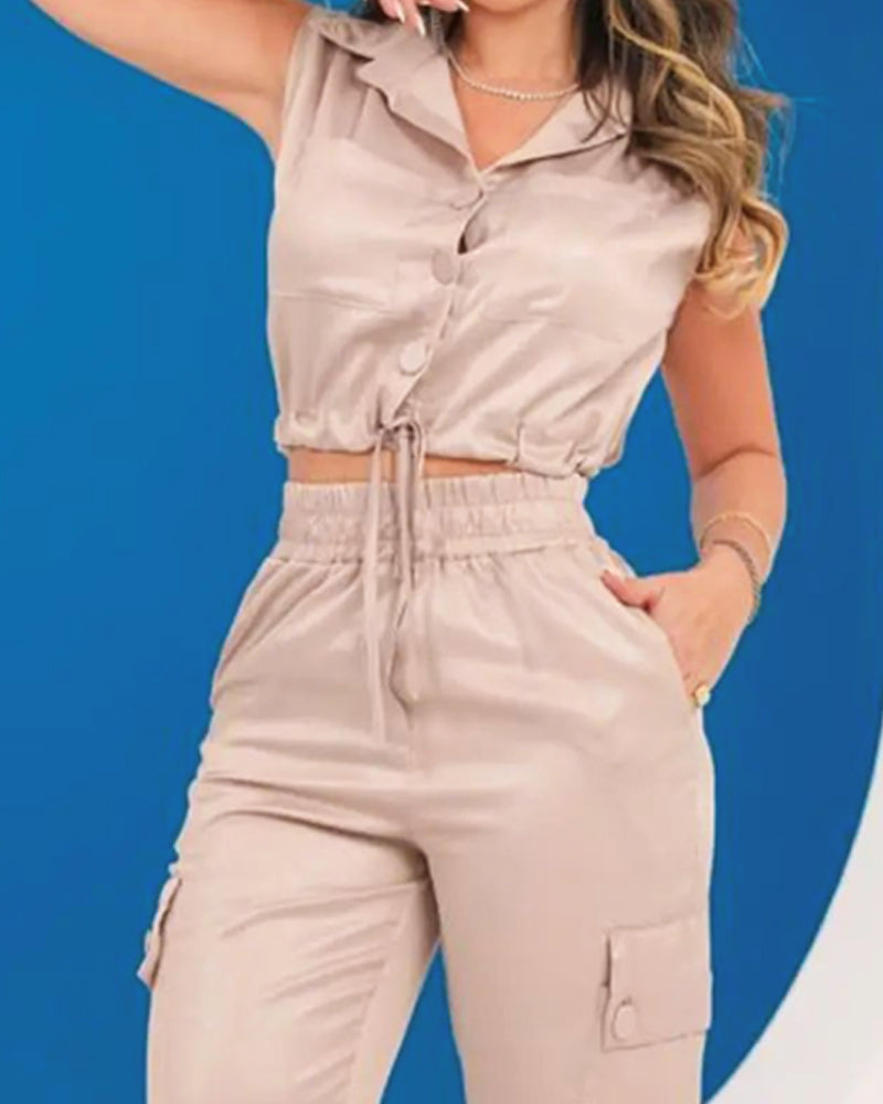 Casual Solid Color Sleeveless Lapel Top & Pants Two-Piece Set