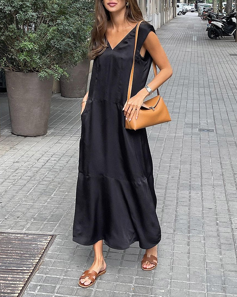 Solid Color V-neck Waistcoat Casual Dress