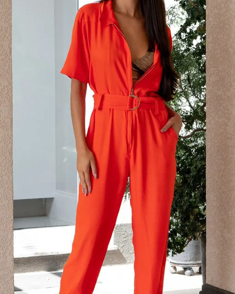 Fashion Lapel Short Sleeve Solid Color Jumpsuit