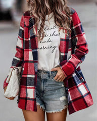 Loose Check Long Sleeve Pocket Wool Jacket