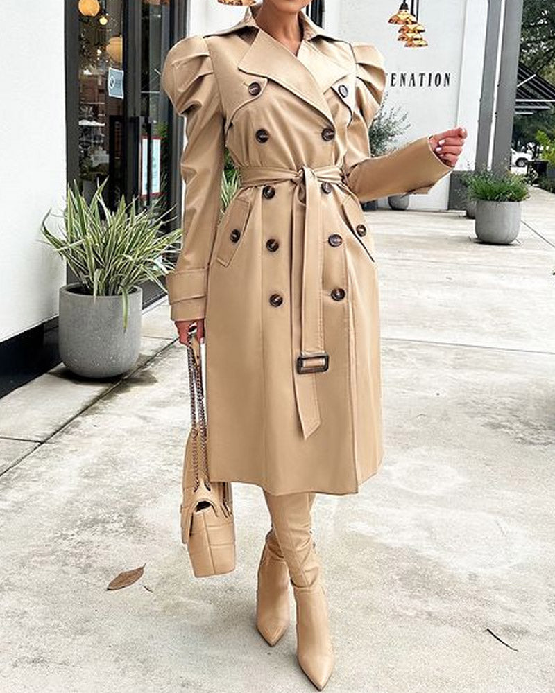 Solid Color Puff Sleeves Featured Double-breasted Casual Strappy Fashion Coat