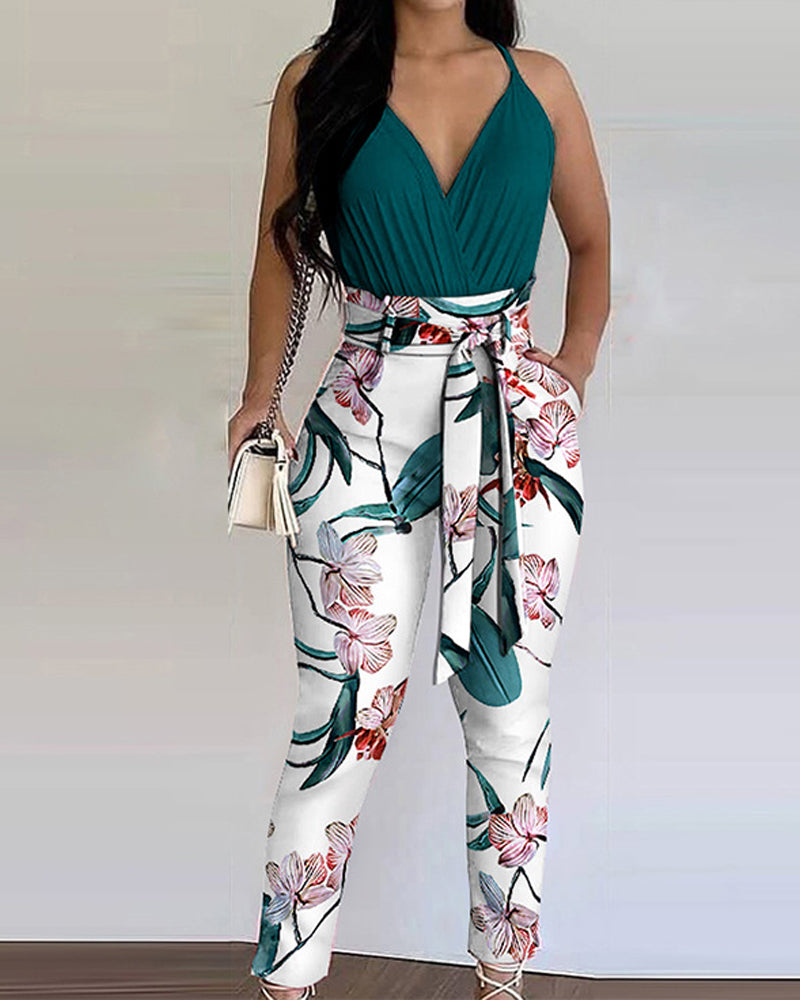 Fashion Suspender Top & Trousers Print Two-piece Set