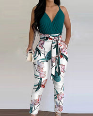 Fashion Suspender Top & Trousers Print Two-piece Set