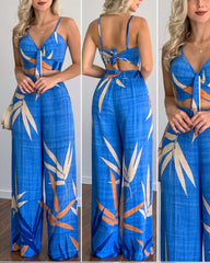 V-Neck Cropped Tank Top & Printed Wide-Leg Pants Two-Piece Set