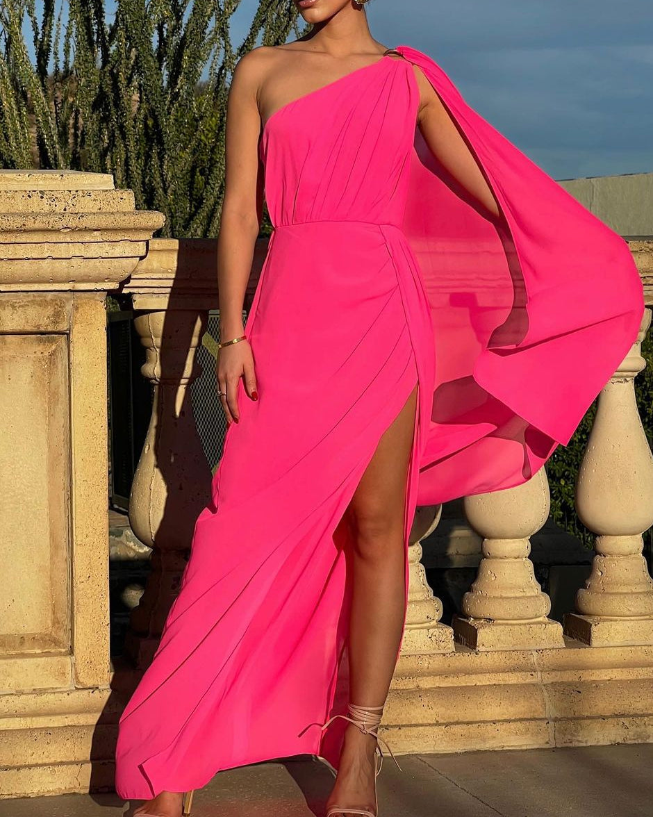 One Shoulder Solid Color Slit Dress