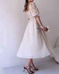 Solid Color Square Neck Puff Sleeve Chiffon Dress