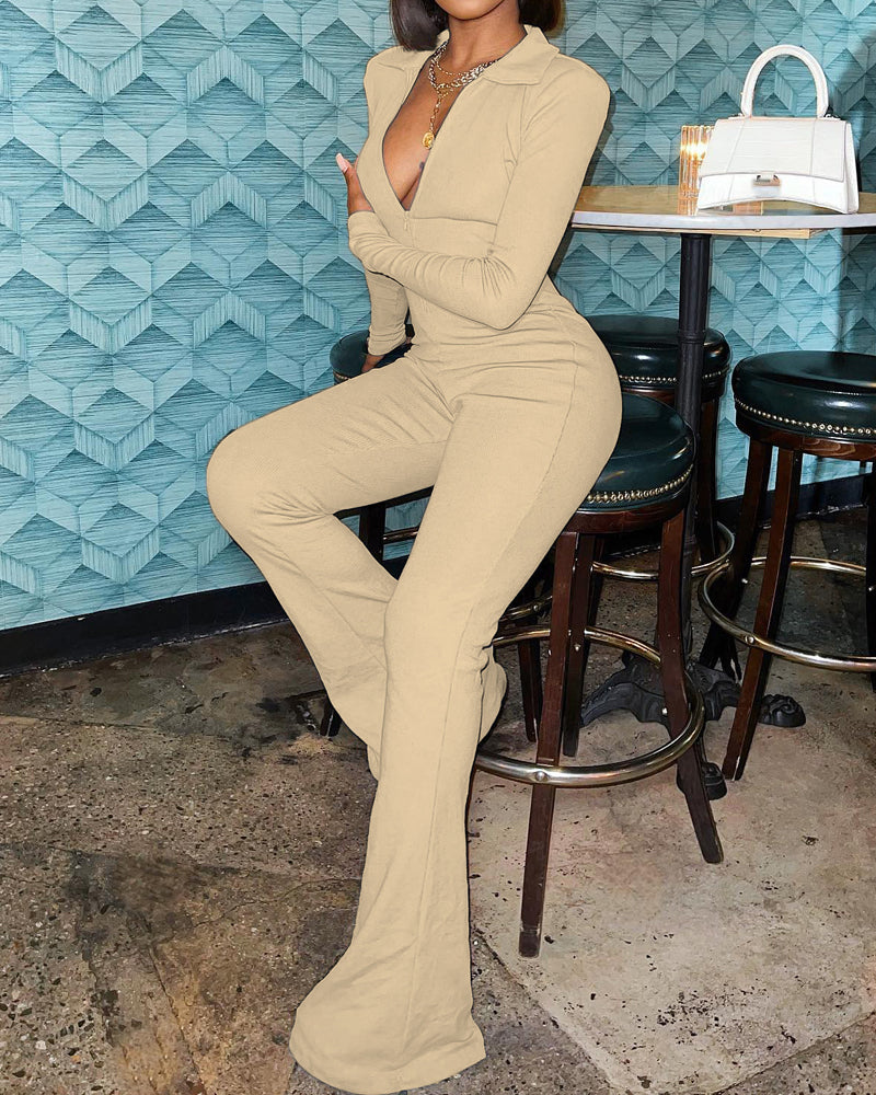 Fashion Solid Color Lapel Zip Jumpsuit