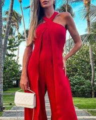 Solid Color Cross Halter Casual Fashion Wide Leg Jumpsuit