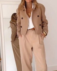 Solid Color Buttoned Casual Jacket & Wide-leg Nine-point Pants Two-piece Set