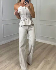 Solid Color Tube Top & High-waisted Wide-leg Pants Two-piece Set