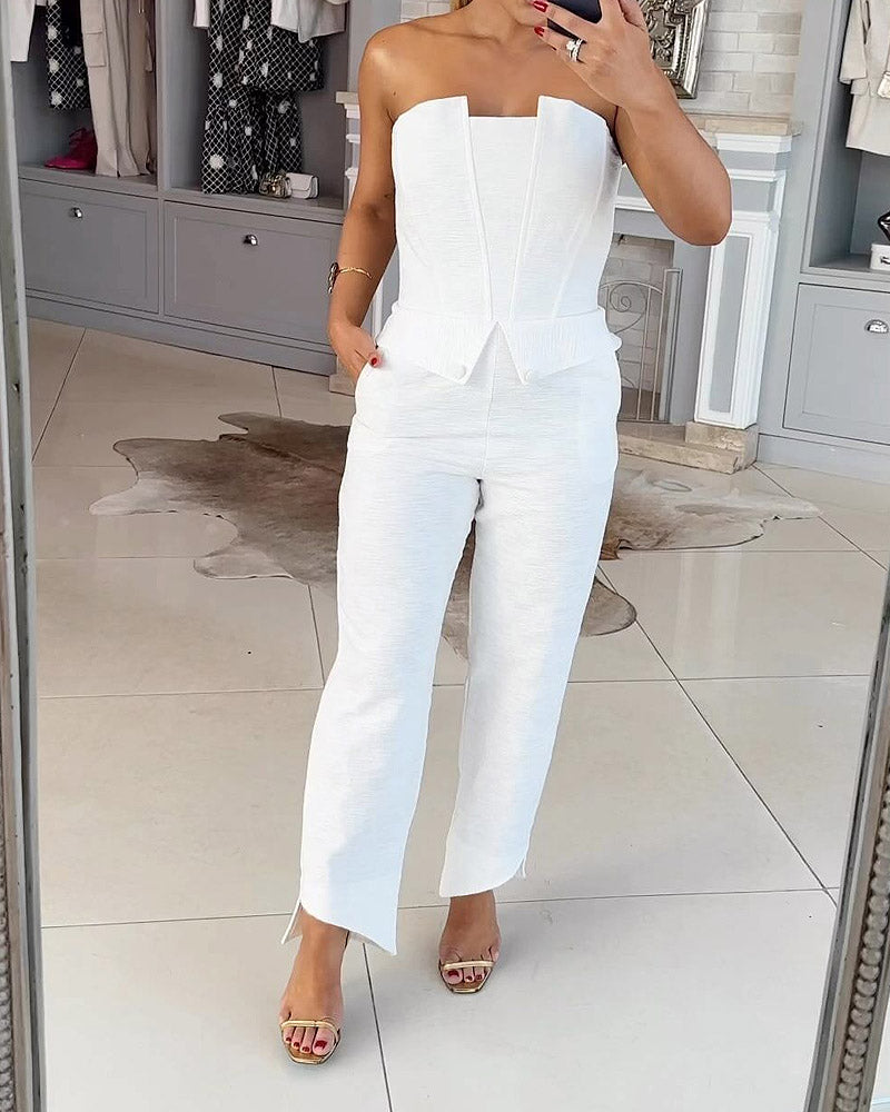 Solid Color Tube Top Casual Jumpsuit with Irregular Trousers