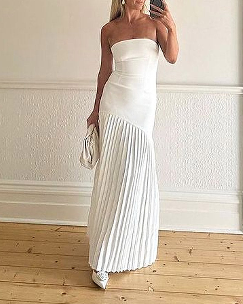 Solid Color Tube Top Irregular Pleated Dress