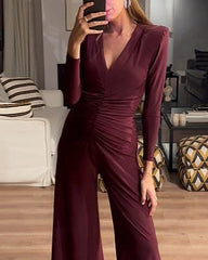 Solid Color Deep V Pleated High Waisted Wide Leg Jumpsuit