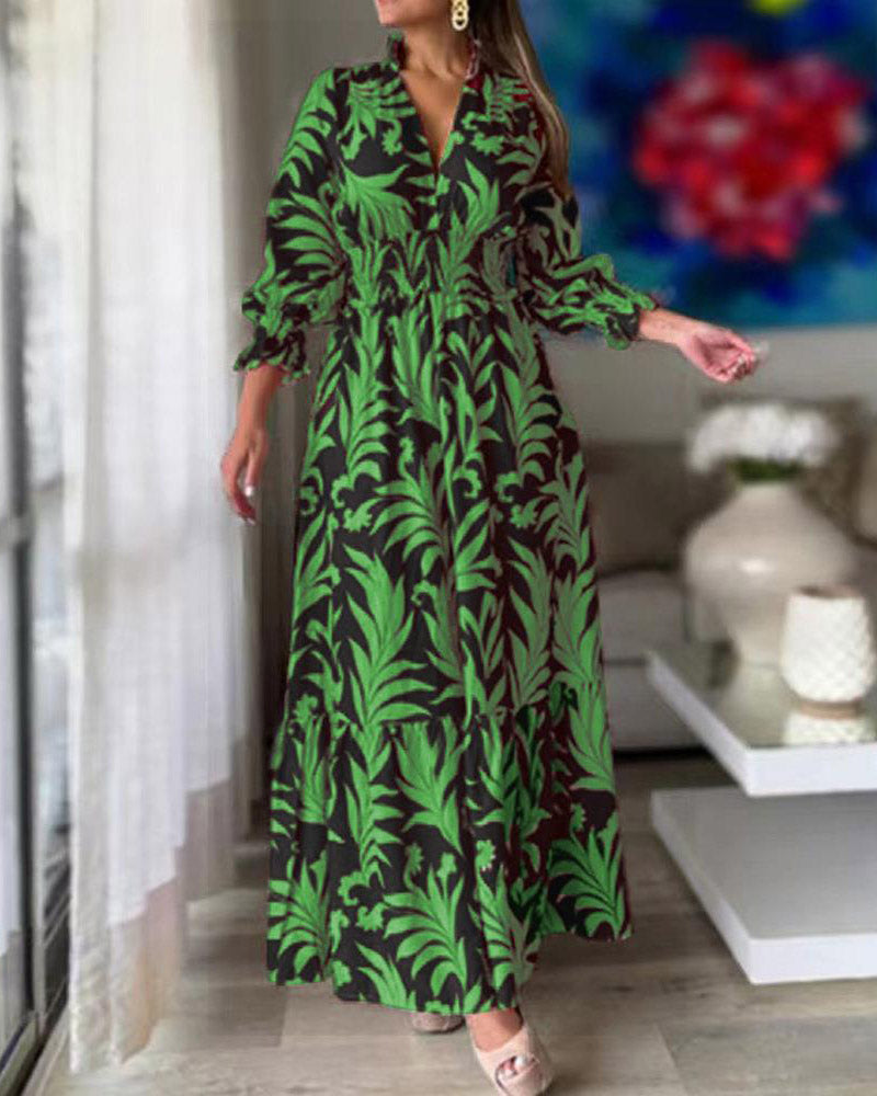 Waist Pullover Boho Print Long Sleeve Swing Dress