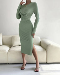 Round Neck Slim Pack Hip Midi Dress