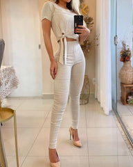 Casual Solid Color Round Neck Top & Pants Two-Piece Set