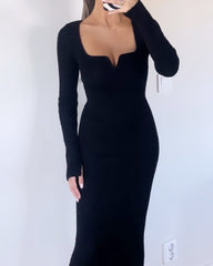 Long sleeve solid color slim fit dress