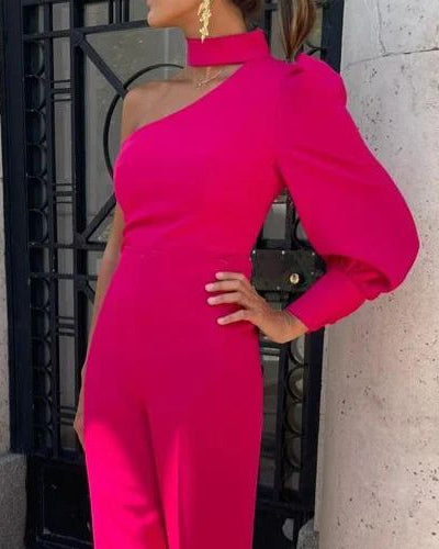 One Shoulder Solid Color Jumpsuit