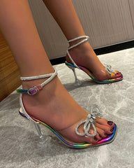 Glass tie bow rhinestone sandals