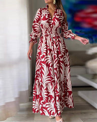 Waist Pullover Boho Print Long Sleeve Swing Dress