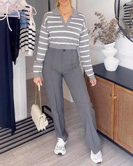 V-neck Striped Top & Casual Pants Two-piece Set