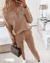 Round Neck Button Trim Casual Two-Piece Suit