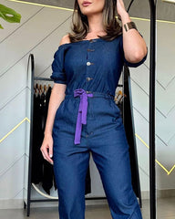 Solid Color One Shoulder Strap Imitation Denim Jumpsuit