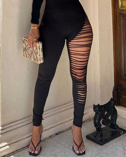 Solid color long-sleeved slim high-waisted hollow sports jumpsuit