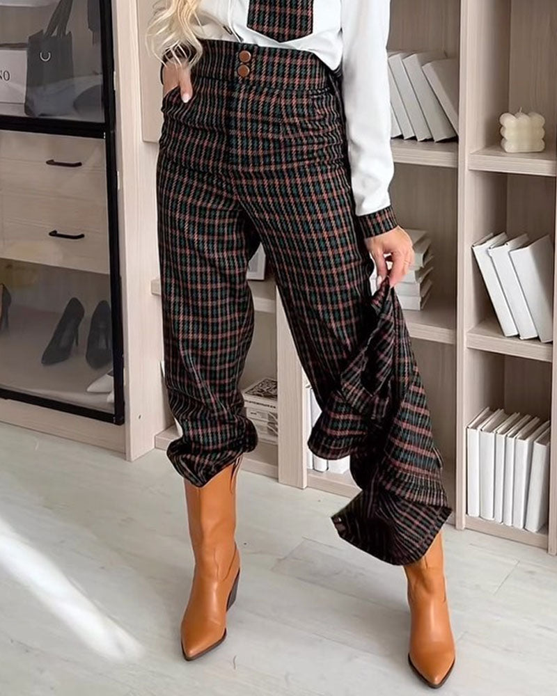 Fashionable Patchwork Lapel Shirt & Plaid Trousers Two-piece Set