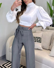 Solid Color Turtleneck Top & Strappy Wide-leg Pants Two-piece Set