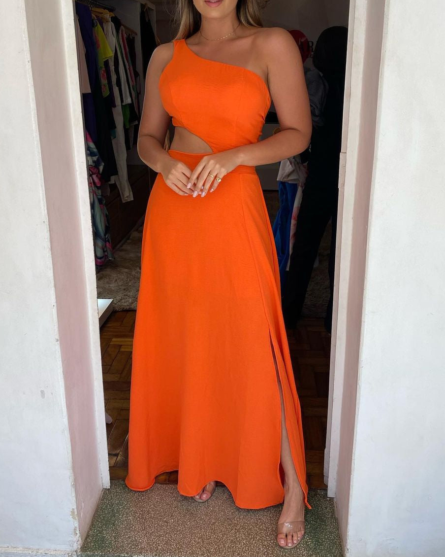 One Shoulder Hollow Solid Color Slit Dress