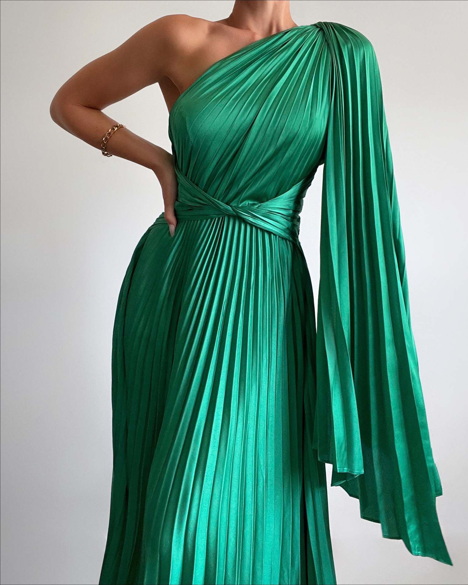 One-shoulder pleated satin dress