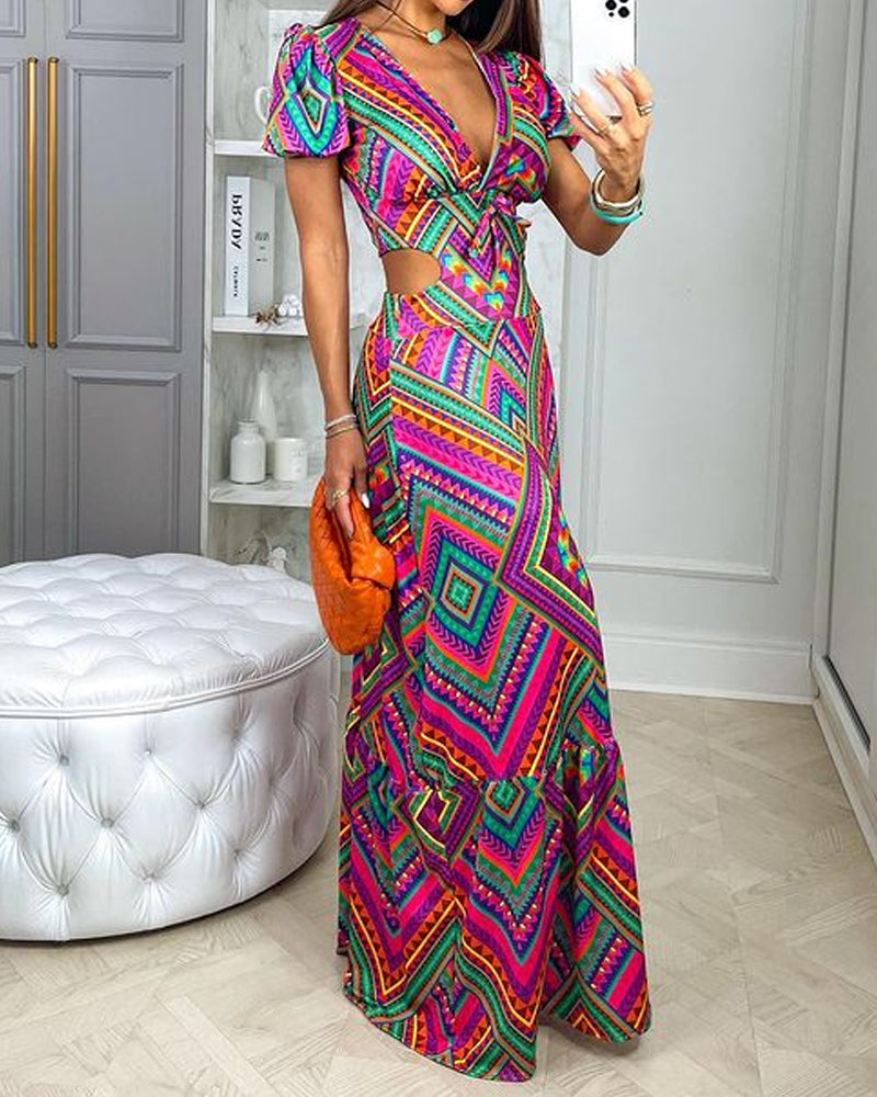 Fashionable V-neck Cropped Waist Print Dress