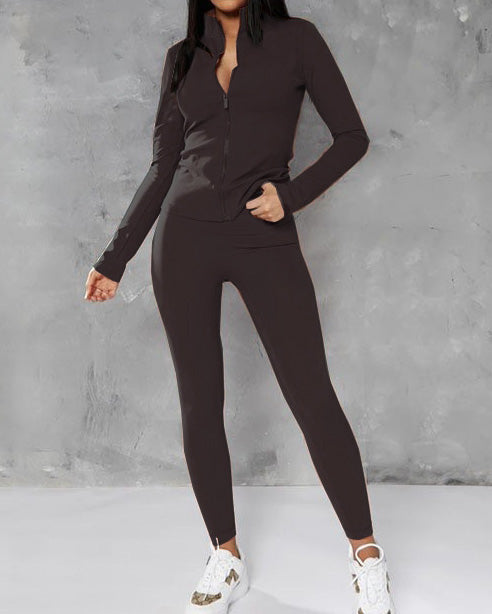 Solid color zipper stand collar two piece suit