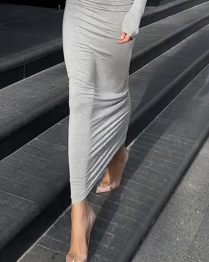 Solid Color Round Neck Tight Long Dress