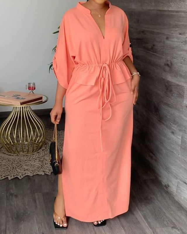 Casual fashion stand-up collar slit lace-up solid color dress