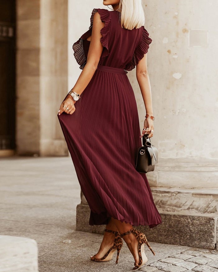 Lotus leaf sleeve Chiffon pleated skirt solid color dress